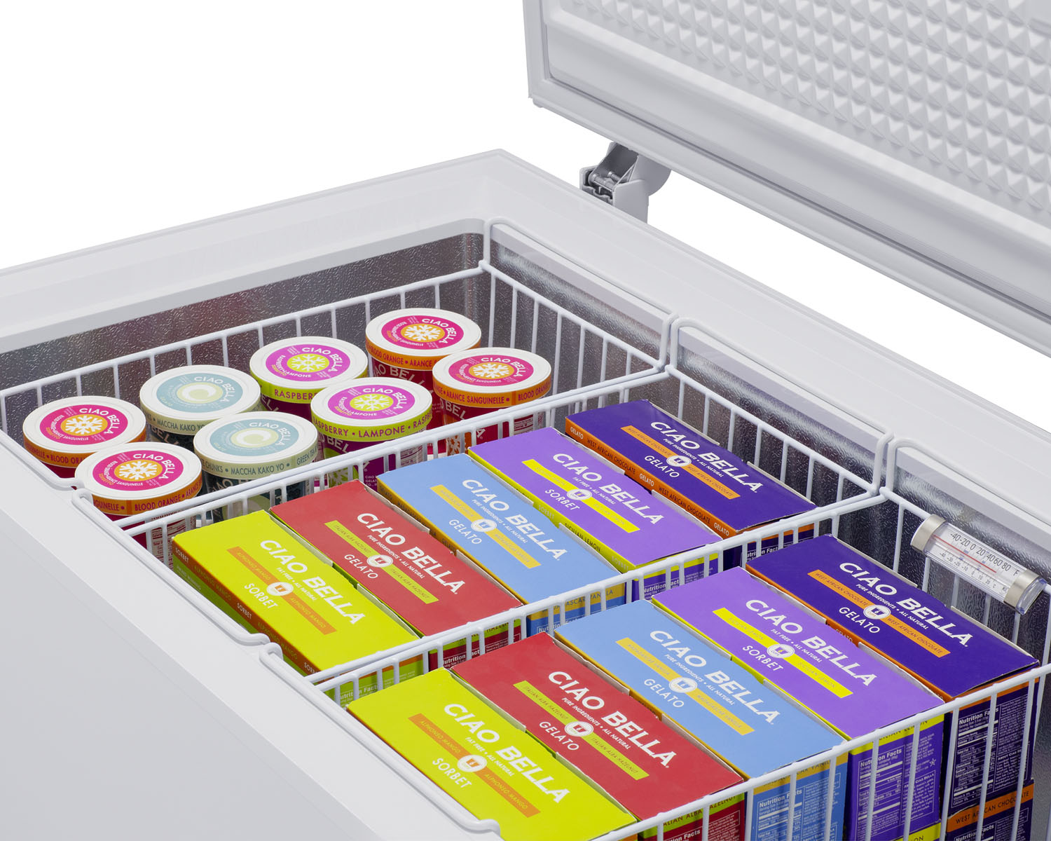 Commercially listed 12.1 cu.ft. manual defrost chest freezer in white with stainless steel corner guards and lock